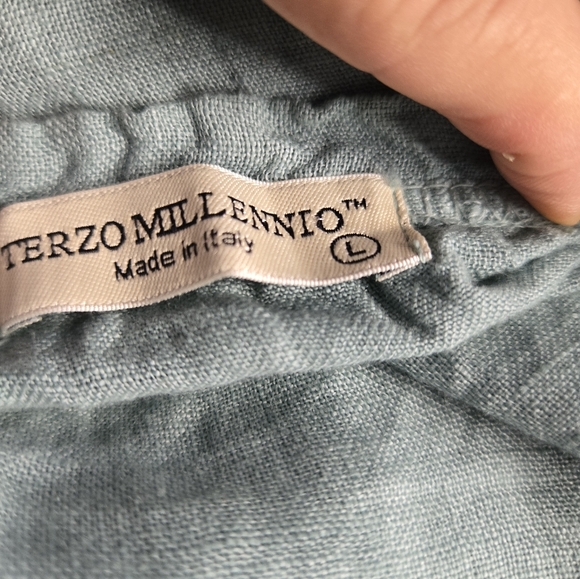 TERZO MILLENNIO sage Green Women's Size L 100% LINEN Babydoll Crop Tunic - Picture 2 of 10